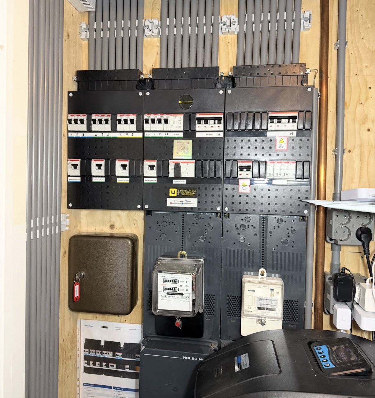 Afgeleverde meterkast met drie groepenkasten, elke groep genummerd en gelabeld, met de sticker van Donmez Elektra